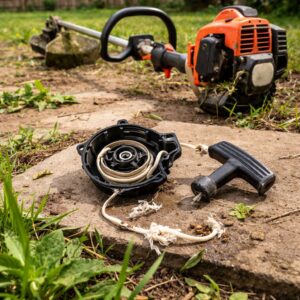 Broken pull cord recoil assembly laying on the ground next to a gas weed whacker string trimmer