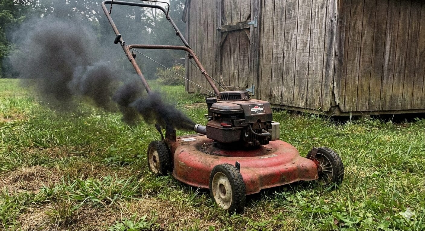An old, red push lawn mower emitting a thick plume of dark black smoke from its exhaust pipe while sitting in a grassy field next to a weathered wooden shed.