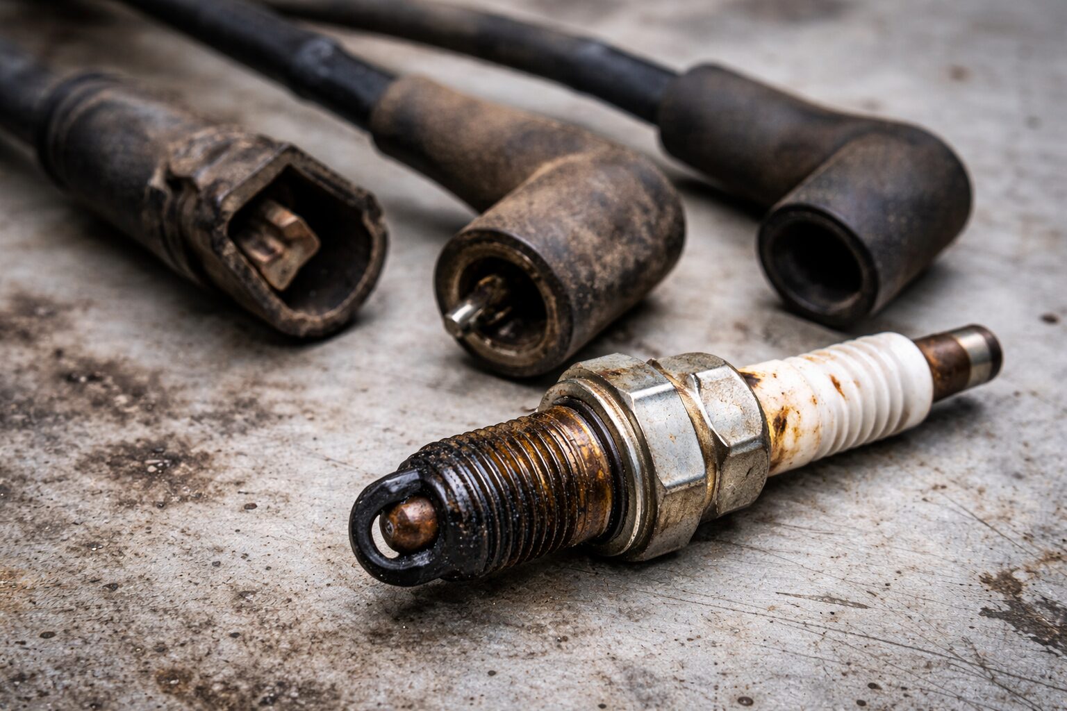 Close-up of a carbon-fouled spark plug beside cracked and worn spark plug wires on a metal workbench.